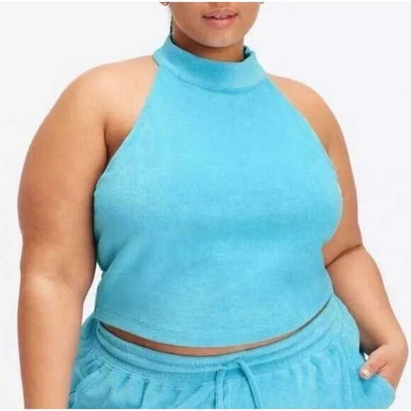 Fabletics Built-In Bra Tank Women Size XXL Mock Light Blue Terrycloth Gym New - Picture 1 of 12